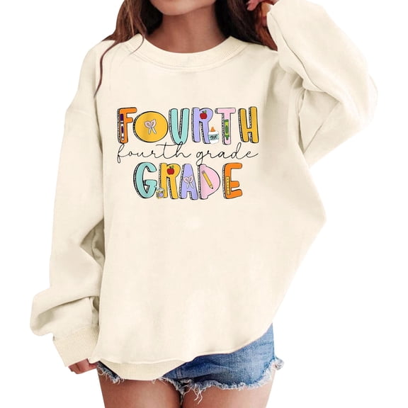YunPes Fourth Grade Girls Sweatshirt Long Sleeve Crewneck Print Pullovers Oversized Spring Autumn Tops for Kids Back to School