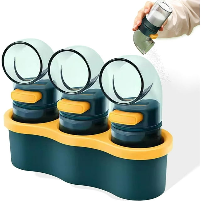 Paquete de 3 recipientes dispensadores de sal con base: tarros de condimentos de precisión de 10 ml para cocina, recipientes para especias con control de presión con una sola mano (paquete de 3)