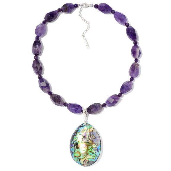 Pinctore Sterling Silver 55 x 10mm Abalone Shell Enhancer Pendant w/ 18" Amethyst Necklace