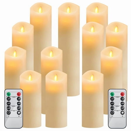 12 LED Candles, Plastic Flickering Flameless Candles with 2 Remote Controls, Wedding Party, Halloween, Christmas, Birthday Decoration Favours, Realistic Slim Tall Pillar Candles (Ivory)