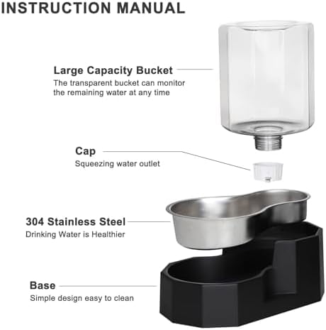 Large Dog Water Dispenser: 5L Automatic Gravity Water Feeder - Dishwasher-Safe Stainless Steel Bowl - Easy Clean - No Power Needed - for Cats & Small Dogs - Kitchen Corner/Crate Area