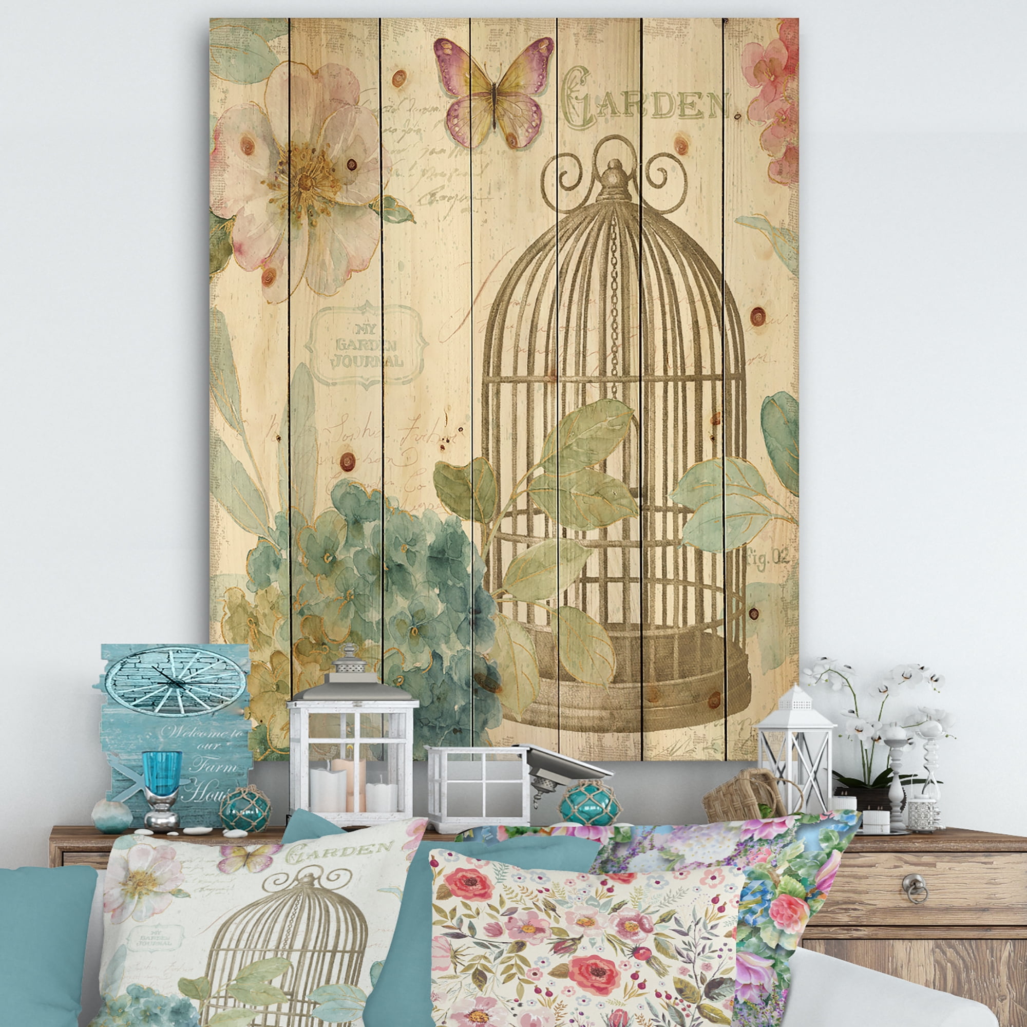 Designart 'Traditional Floral Birdcage II' Traditional Print on Natural Pine Wood