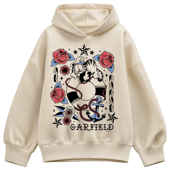 Garfield - Garfield Tattoo Flash - Ladies Oversized Fleece Hoodie Sweatshirt