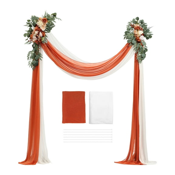KFFKFF Artificial Wedding Arch Flowers Kit, Orange Arch Flowers with Drapes Set (Pack of 4) - Includes 2 Floral Arrangements and 2 Sheer Drapes, Perfect for Ceremony Bouquets