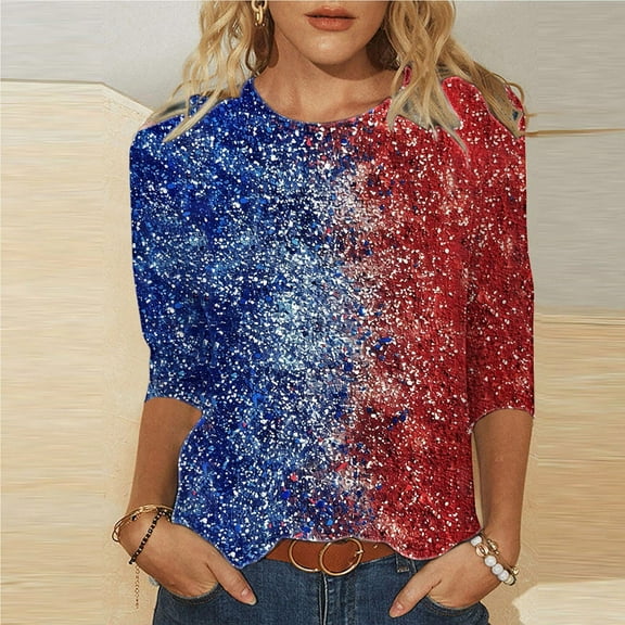 Cavosen Red White and Blue Shirts for Women Petite Patriotic 3/4 Sleeve Crewneck Shirts USA Star Striped Print Shirts Lady XL Independence Day Casual Tops 4th of July Tunic Tees Patriotic Blouses