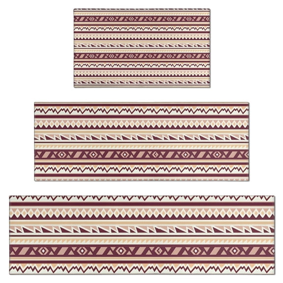 Brown Ethnic Stripe Pattern Kitchen Rugs Sets Of 3,Kitchen Runner Rugs Non Skid Washable,Decorative Kitchen Floor Mats for Kitchen,Sink,Laundry,17"x30" 17"x47" 17"x59"
