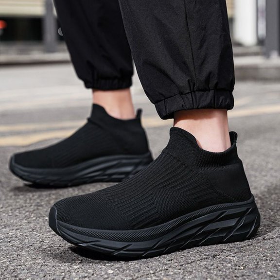 Domuza High Top Sock Sneakers for Women, Stretch Knit Slip On Shoes Thick Cushioned Platform Non Slip Walking Running Footwear Black 8.5（EU-41）