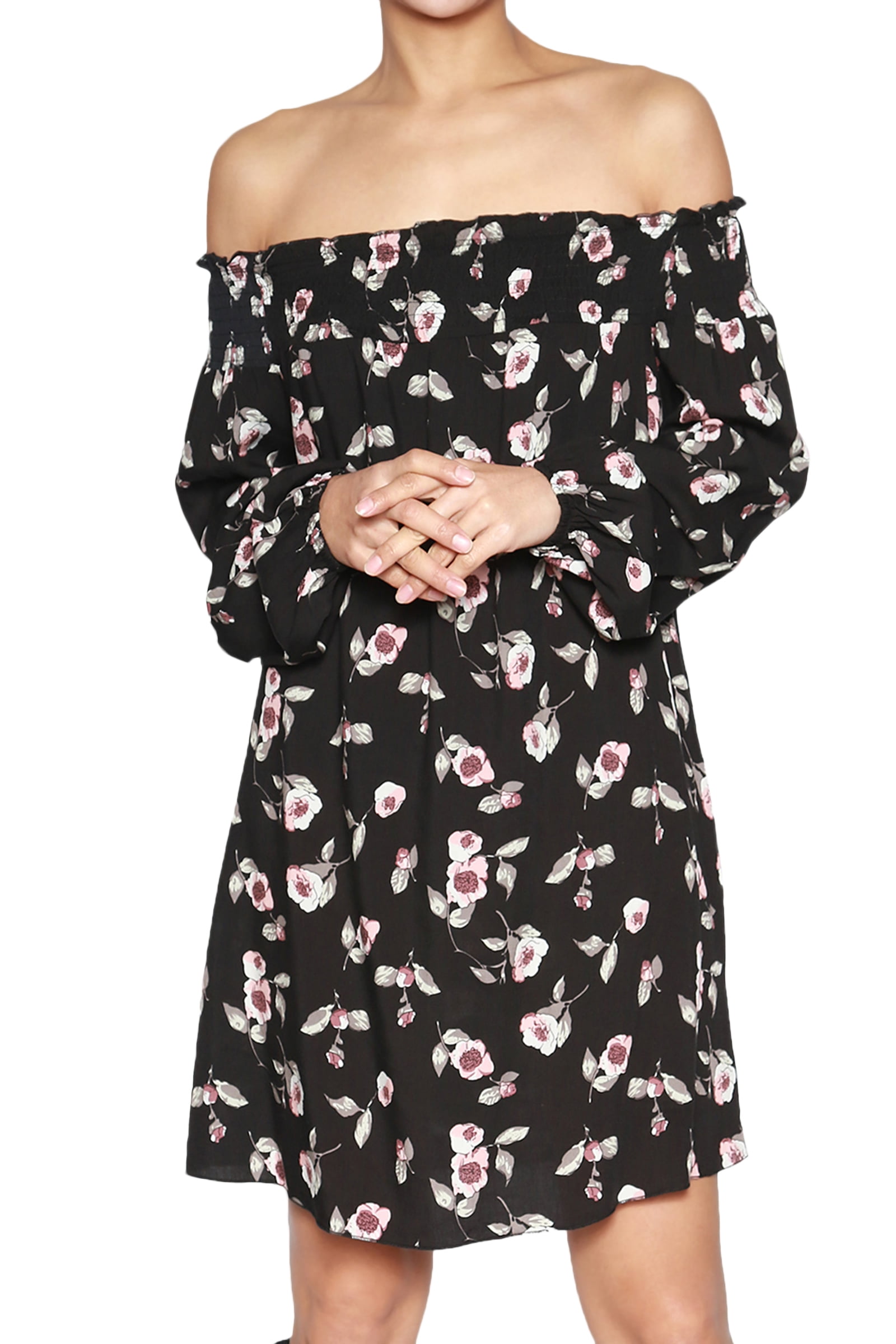 TheMogan Off The Shoulder Floral Print Bell Long Sleeve Romper Pretty One Piece