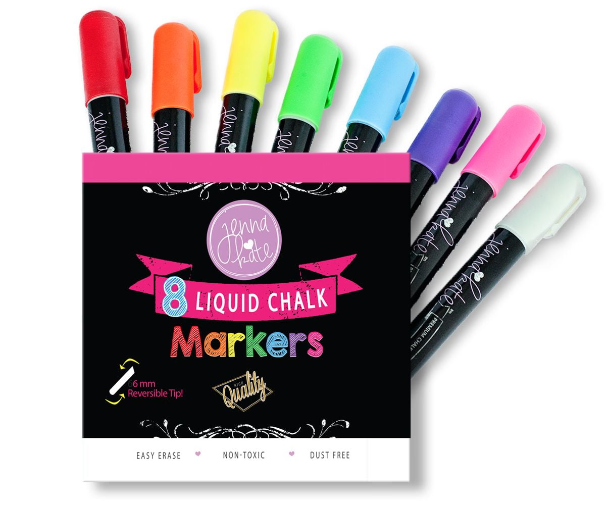 Jennakate Neon 8 Pack Dry Erase Liquid Chalk Markers - 6mm Reversible Tip (Bullet & Chisel Tip)