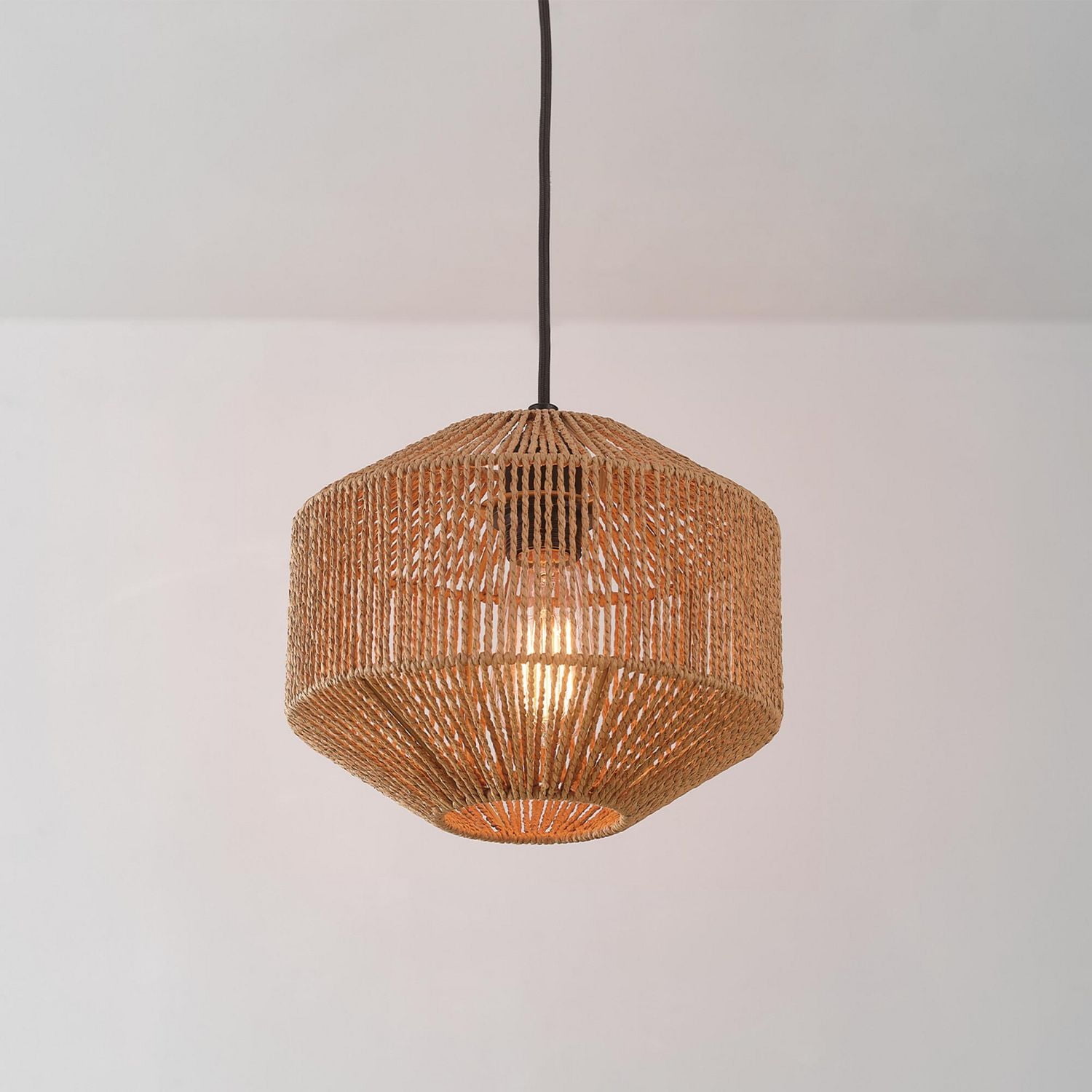 Lotus 1-Light Pendant Lighting, Natural Twine Shade, Black Fabric Cord