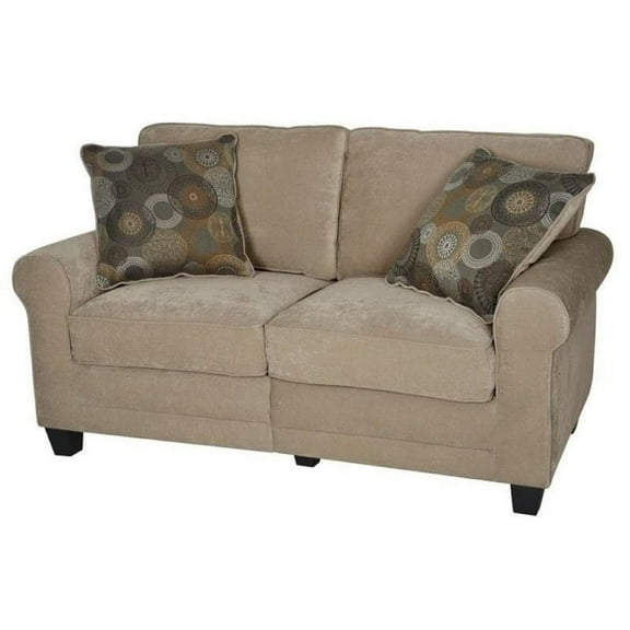 Bowery Hill Traditional Polyester Loveseat with 2 Decorative Pillows, Beige