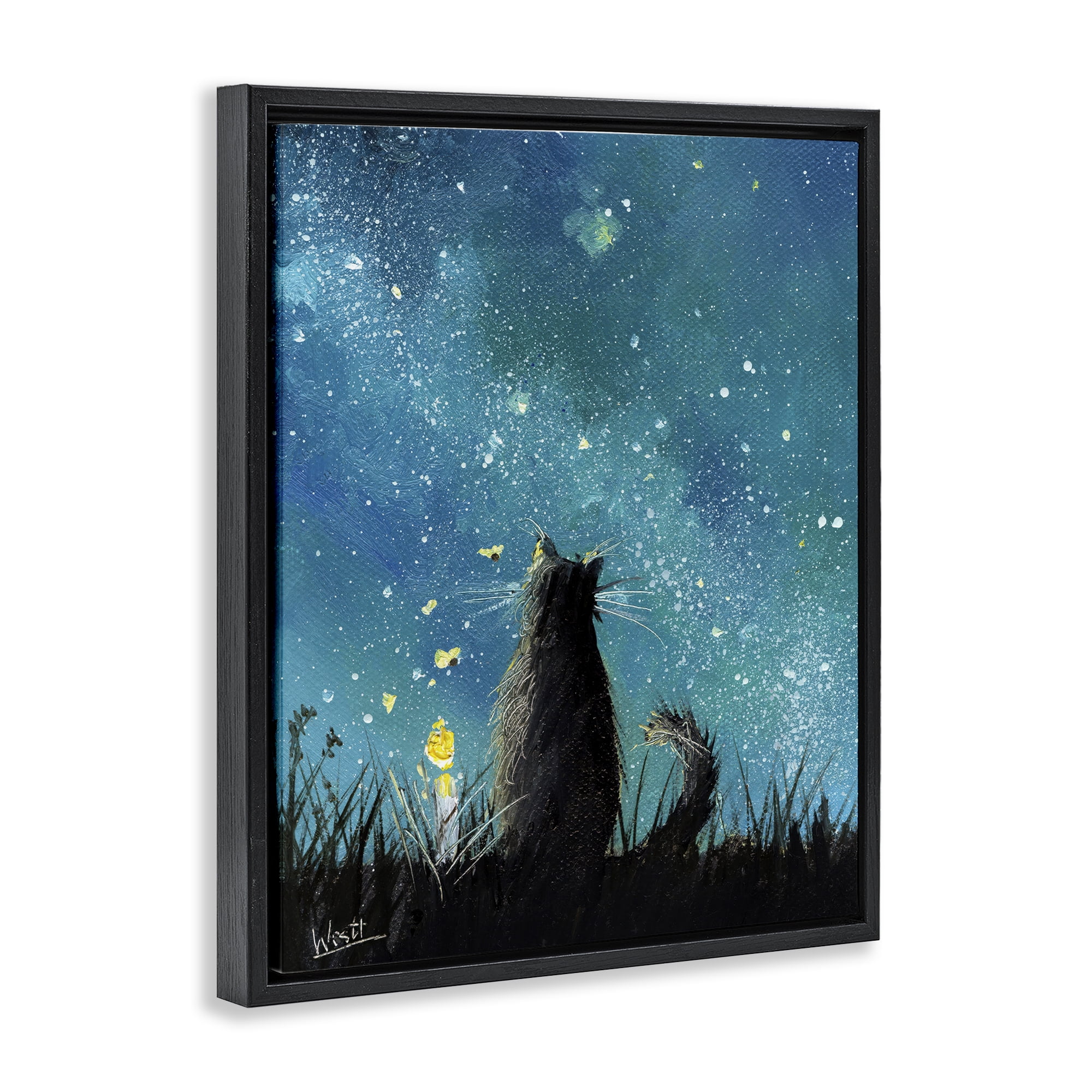 Stupell Industries Cat Gazing at Stars Astrology & Stars Painting Black Floater Framed Canvas Art Print Wall Art, 17 x 21