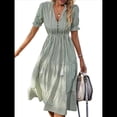 thumbnail image 1 of Vestido de Verano para Mujer, con Mangas Abullonadas y Volantes, Cuello en V, Cintura Alta, Informal, Holgado, A Rayas, Midi Verde L, 1 of 9