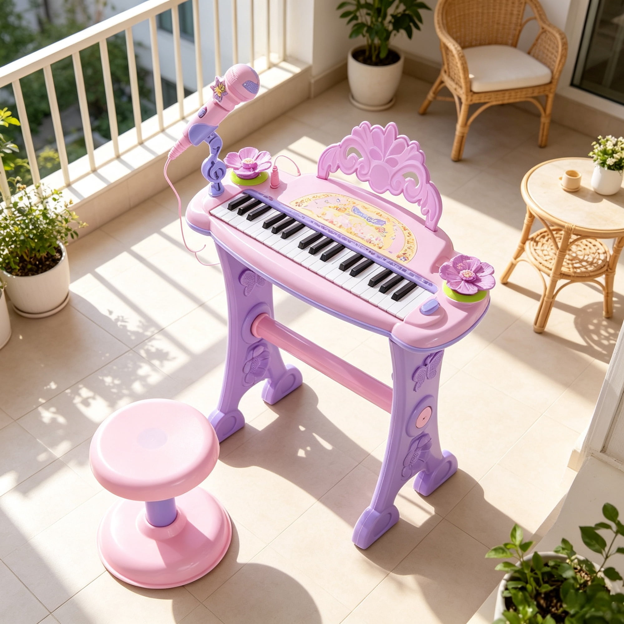 32-Key Kids Toy Piano, Princess Style with Stool, MP3, Record, Flashing Lights & Microphone, Pink