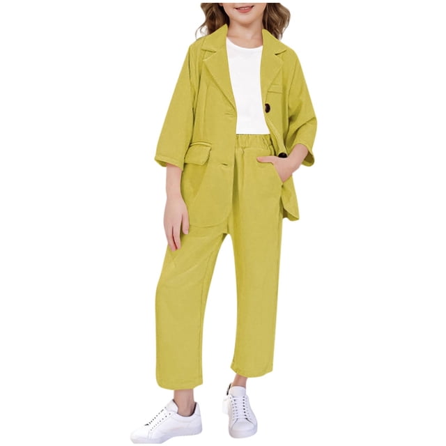 Odeerbi Niñas Vestido Formal Traje Entallado Solapa Blazer Chaqueta + Recortado Traje Pantalones Trajes de Verano Conjunto