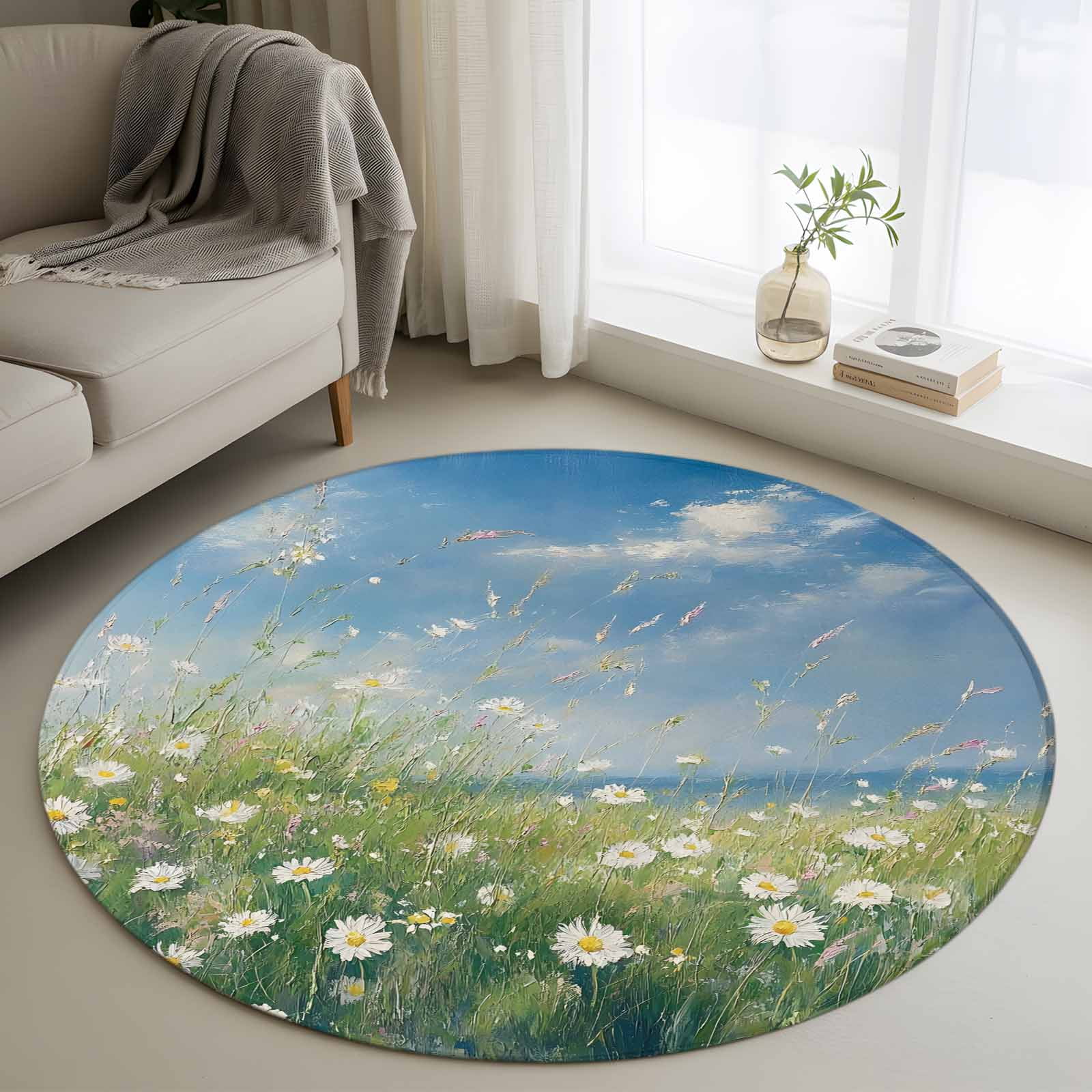 Round Rug 3ft Area Rug Country Flower Daisy Green Grass Area Rugs for Living Room Bedroom Watercolor Oil Painting Style Floor Mat Non-Slip Non-Shedding Carpet Indoor Accent Rugs