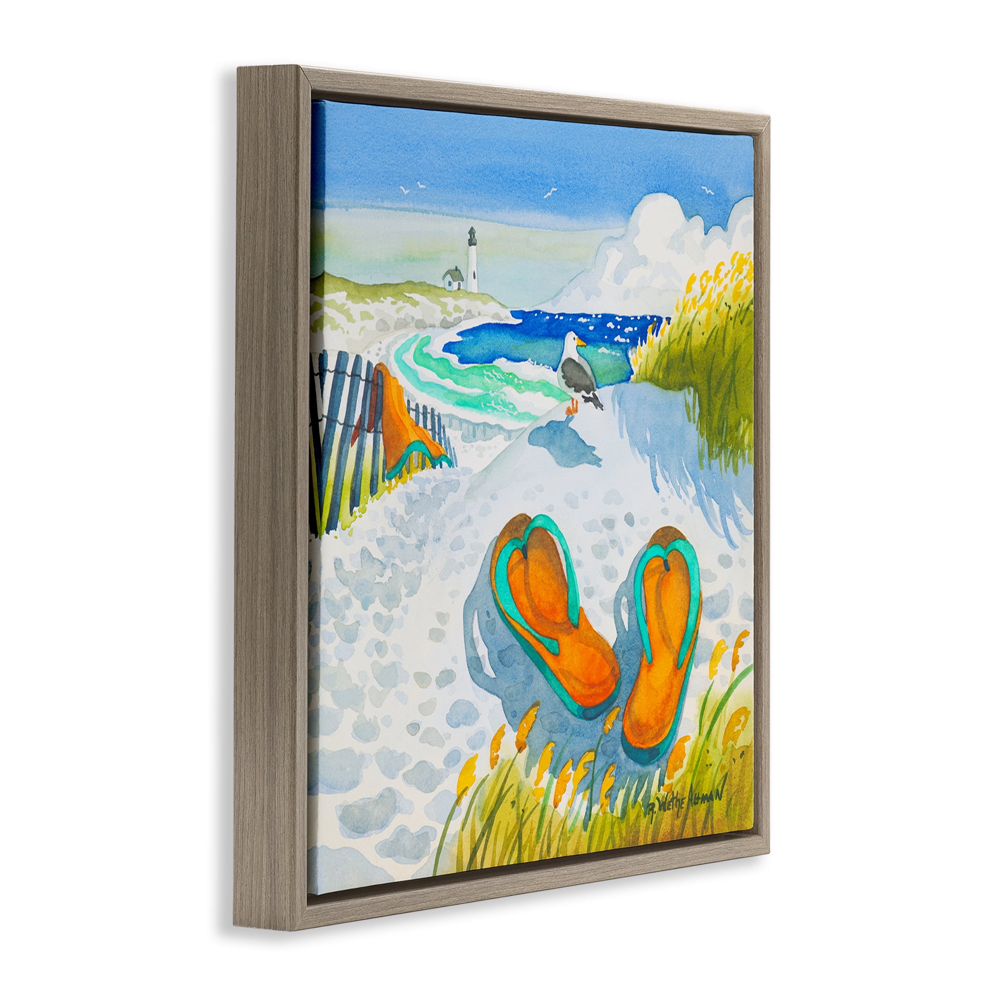 Stupell Industries Seagull & Flip Flops Brown Framed Floater Canvas Wall Art, design by Robin Altman