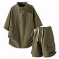 thumbnail image 4 of Men Bubble Textured 2 Piece Outfit Set, Quarter Zip Stand Collar Short Sleeve Jacket and Drawstring Elastic Waist Cargo Pocket Shorts Summer Tracksuit Size 4XL Army Green, 4 of 9