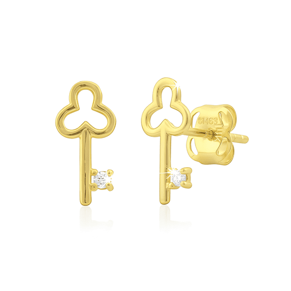 VINALI 14K Solid Yellow Gold Cz Womens Small Clover Key Stud Earrings - 0.35 in