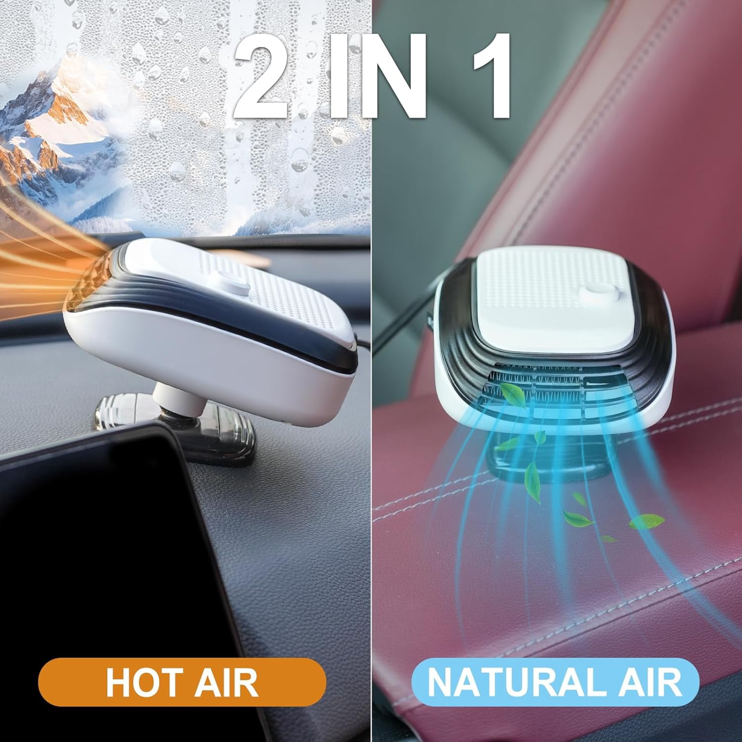 2 in 1 Fan Fast Heating or Cooling, Car Defroster, Portable Car Heater, Adjustable Speed ​​Car Heater Plugs Into Cigarette Lighter, White
