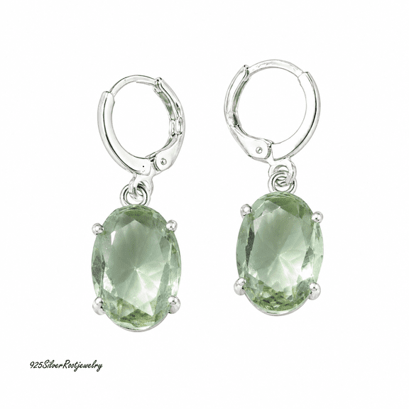 ELANZAA JEWELS 925 Sterling Silver Green Amethyst Dangle Earrings for Women – Handmade Oval Gemstone Huggie Earrings, Minimalist Silver Jewelry Gift for Her