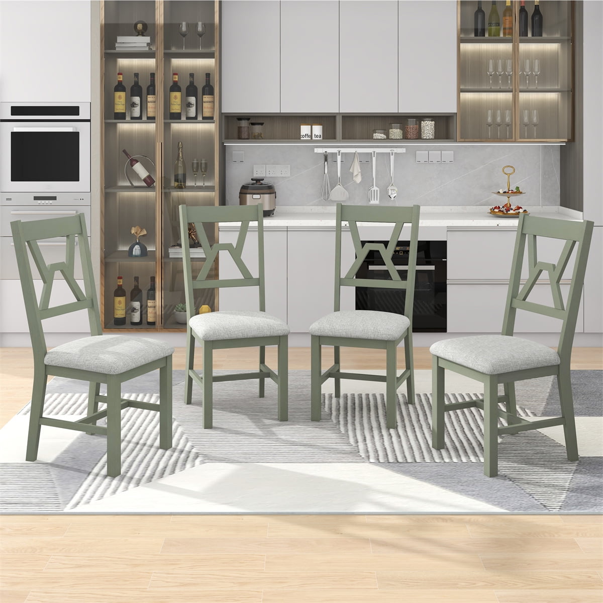 4 Pieces Dining Chiar Set, Upholstered Kitchen Chair with Cross High Back and Solid Wood Legs ...