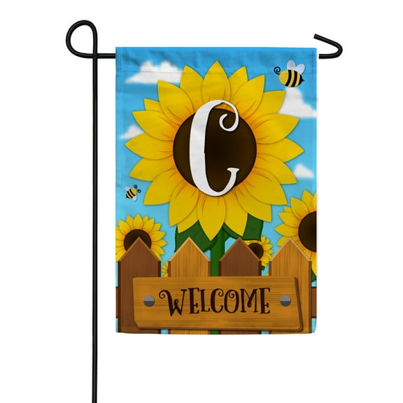 America Forever Spring Monogram Garden Flag Letter C 12.5 x 18 inches Double Sided Vertical Outdoor, Yard, Lawn, Beautiful Bright Sunlowers, Floral Design, Honeybee, Summer Welcome Garden Flag