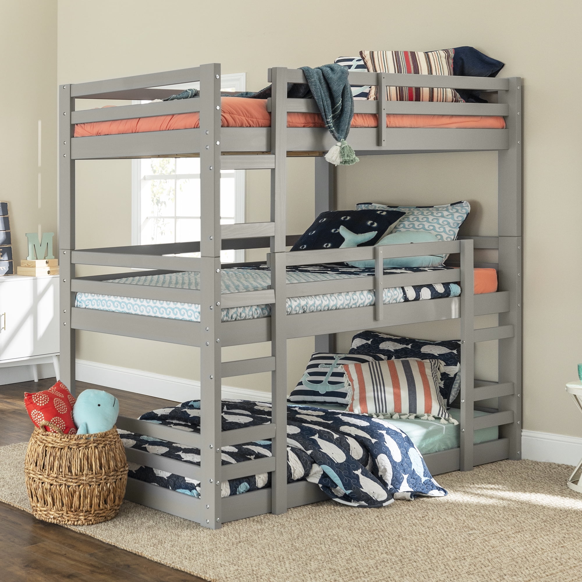 Manor Park Solid Wood Triple Bunk Bed, Twin over Twin, Grey Walmart