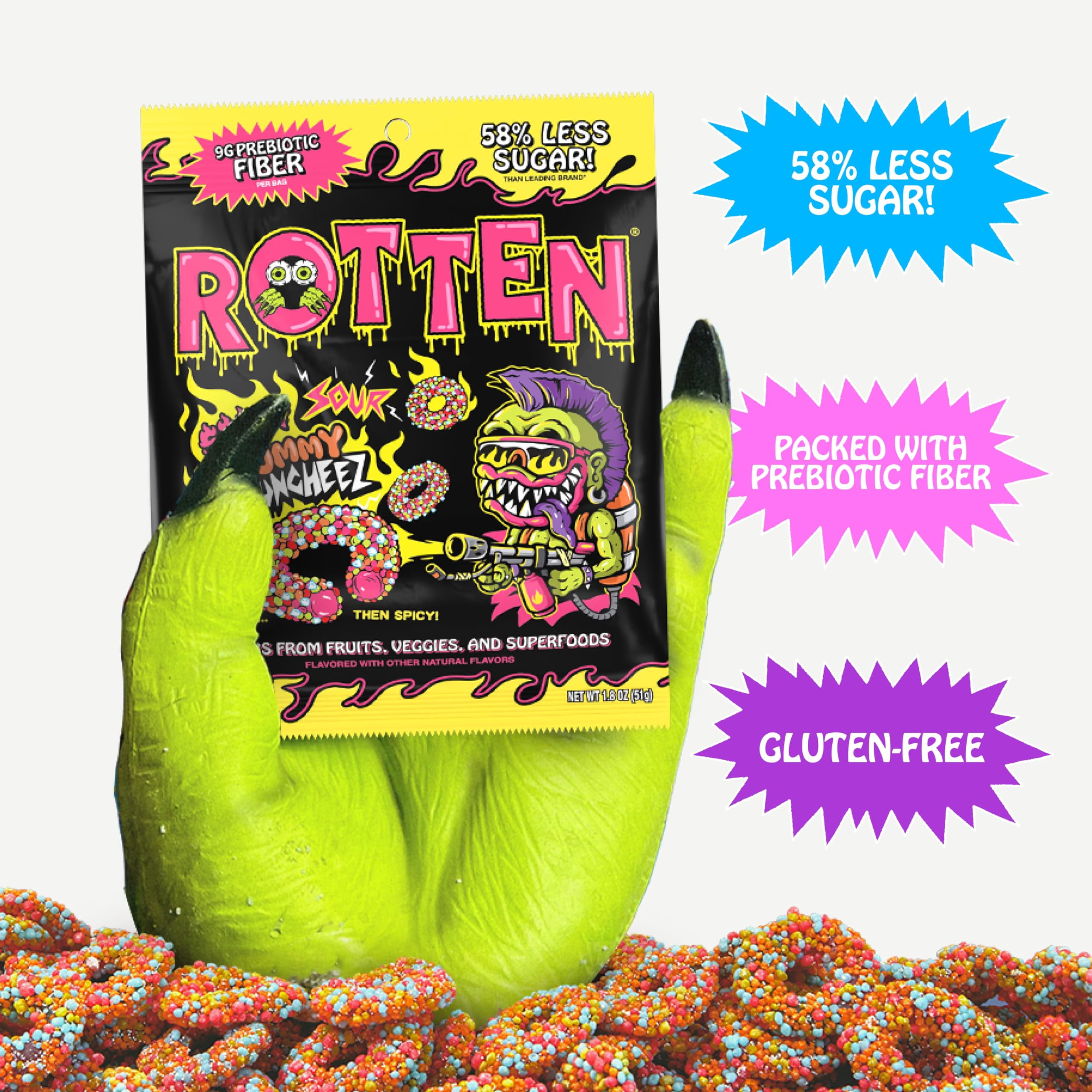 Rotten Spicy Sour Gummy Cruncheez- Low Sugar, Low Calorie, 7g Gut-Friendly Prebiotic Fiber and 3g Protein, Gluten Free Candy - 1.8 oz - 8-Pack