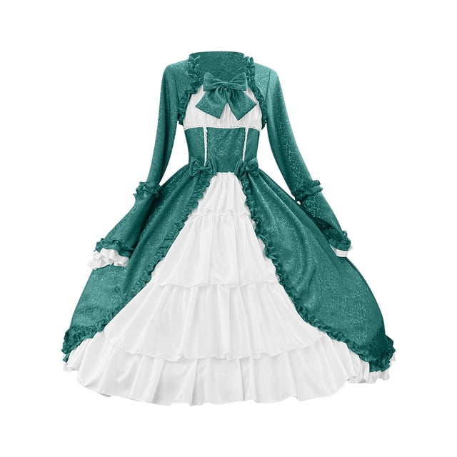 Pisexur Robe Médiévale pour Femmes Vintage à Nœud, Manches Longues, Robe Renaissance, Ourlet Fluide, Robes Midi, Mode, à Volants, Robe Gothique, Grande Taille P-5TG