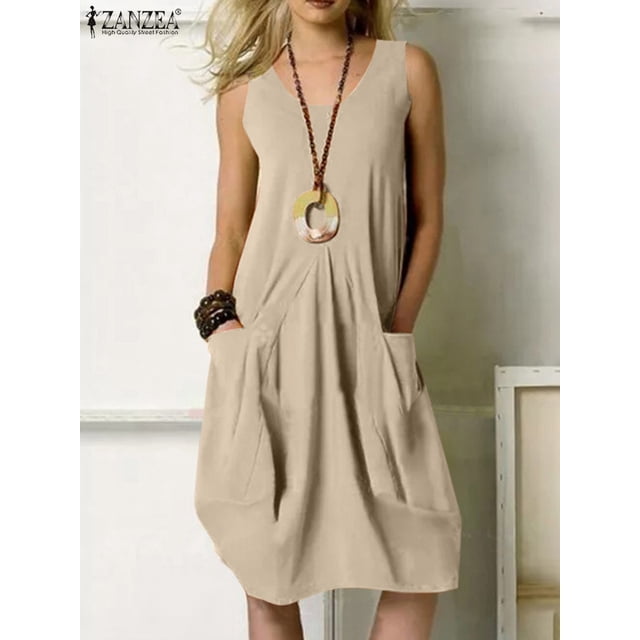 Robe Mini Décontractée Sans Manches à Encolure Dégagée pour Femmes, à Volants, Unie, de Plage, Surdimensionnée, Ample, Été