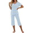 thumbnail image 3 of CLOISE Sleep Sets for Women 2-Piece Comfort Short Sleeve Sleepwear Tees and Comfortable Capri Pants with Pockets Loungewear Sets Soft Striped Printed Fashion Night Clothes, 3 of 7