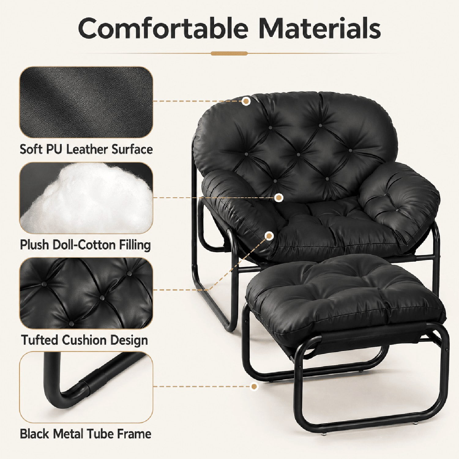 Lazy Chair with Footstool, Thick Cushioned Recliner with Faux Leather Upholstery and Stainless Steel Frame, Ergonomic Accent Chair for Living Room, Bedroom, Dorm