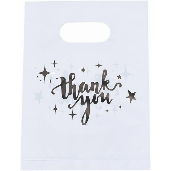 100Pcs 8 x 6 Inch White Thank You Plastic Bags Candy Treat Bags with Handles Word Rectangle Goodie Wrapping Gift Pouches for Thanksgiving Birthday Party Favor Christmas Presents DIY Packaging White