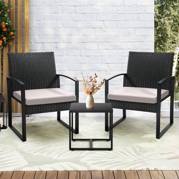 TUAREX 3-Piece Rattan Patio Furniture Set, All-Weather Wicker Bistro Set with Coffee Table and Cushioned Chairs for Garden, Yard, Balcony, Grey
