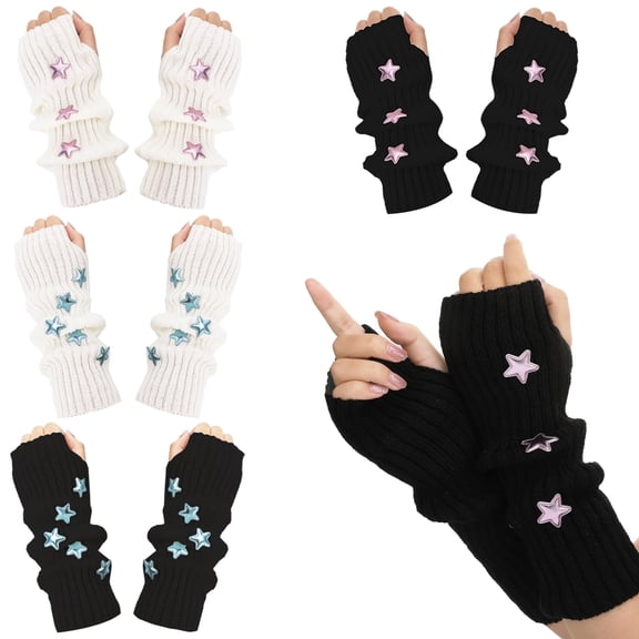 Bocaoying 4 Pairs Kawaii Arm Warmers, Cute Y2k Japanese Style Arm Warmers, Half Finger Knitted Arm Sleeves, Fingerless Mittens Thumb Hole Gloves (Black, White)