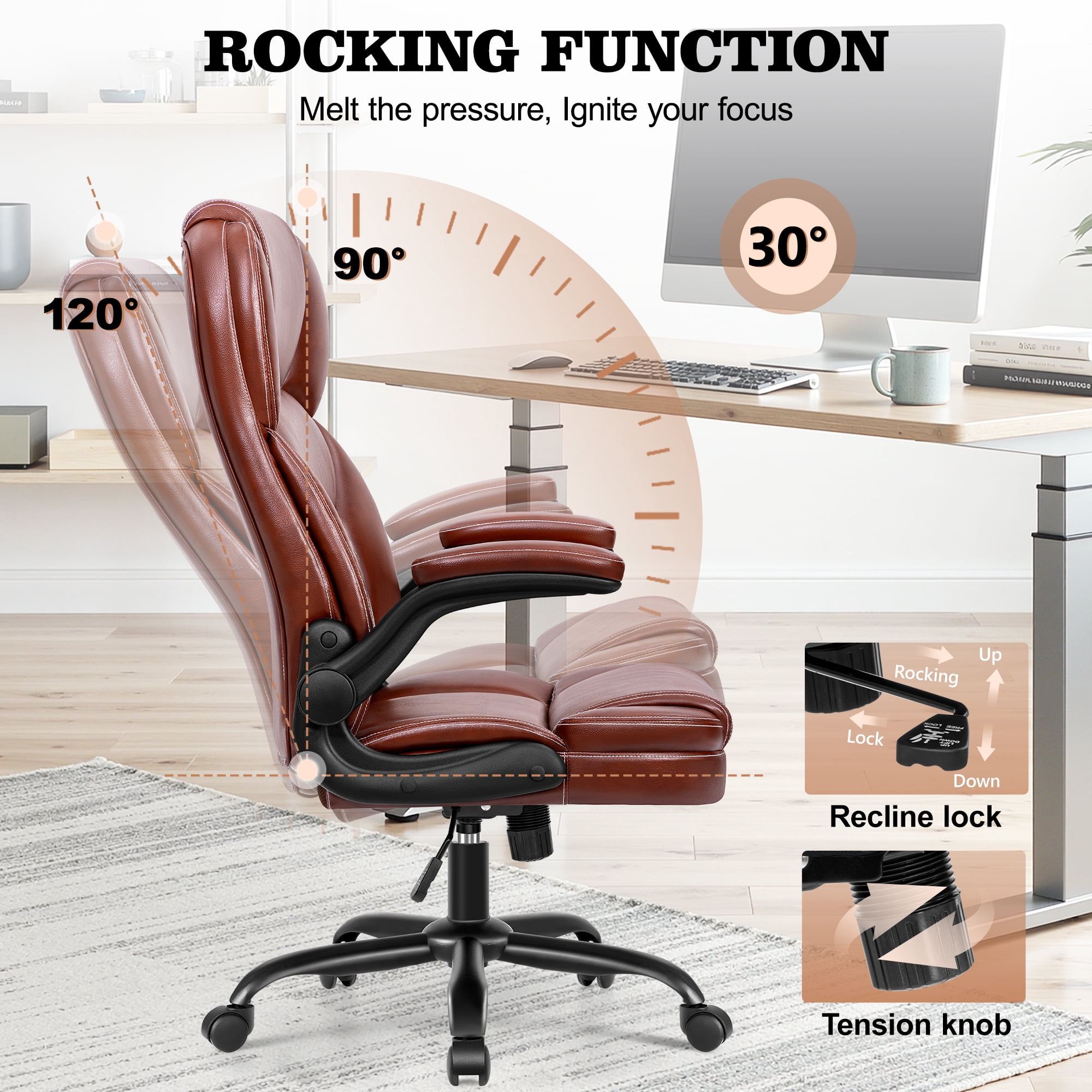 STACOO Large Executive PU Leather Office Chair with Adjustable Armrests, High Back and Lumbar Support, Ideal for Big and Tall Users, Home Office Chair Computer Desk Chair, Brown