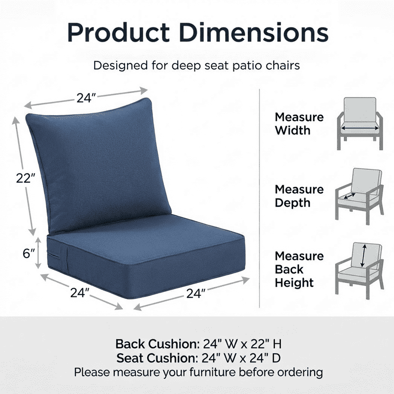 24 x 24 in Outdoor Olefin Patio Cushion Set with Back Pillow, 6 in Thick, Water- and Fade-Resistant, Navy Blue