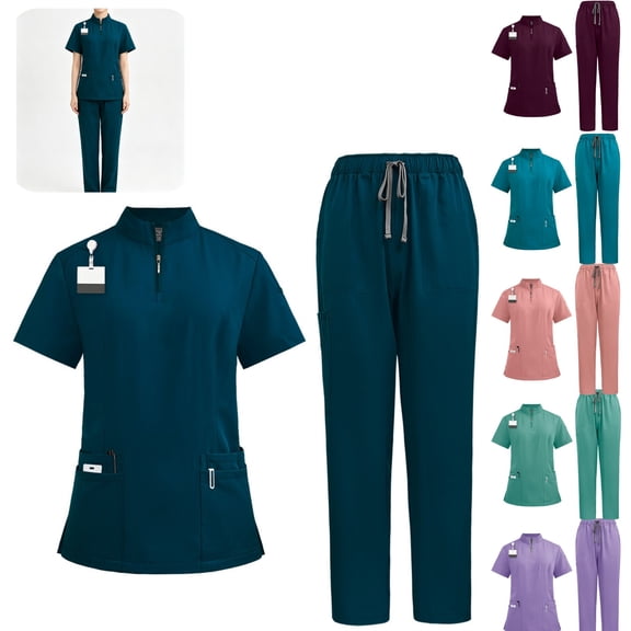 HAJWOH Scrubs For Women Set Set-Zipper Collar Top&Straight Pants For Doctors, Nurses, Beauty Salons Medical Uniform