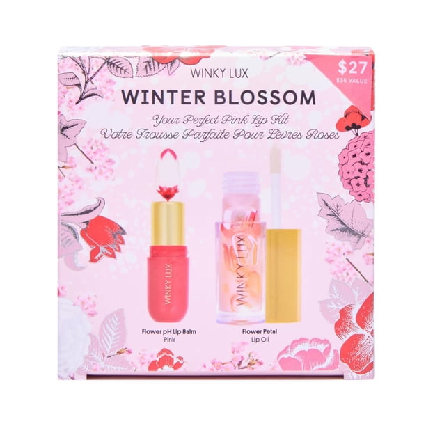 El kit de labios Winky Lux Winter Blossom Pink incluye bálsamo labial con Ph de flor rosa y kit de lápiz labial que cambia de color con Ph de aceite labial transparente con pétalo de flor