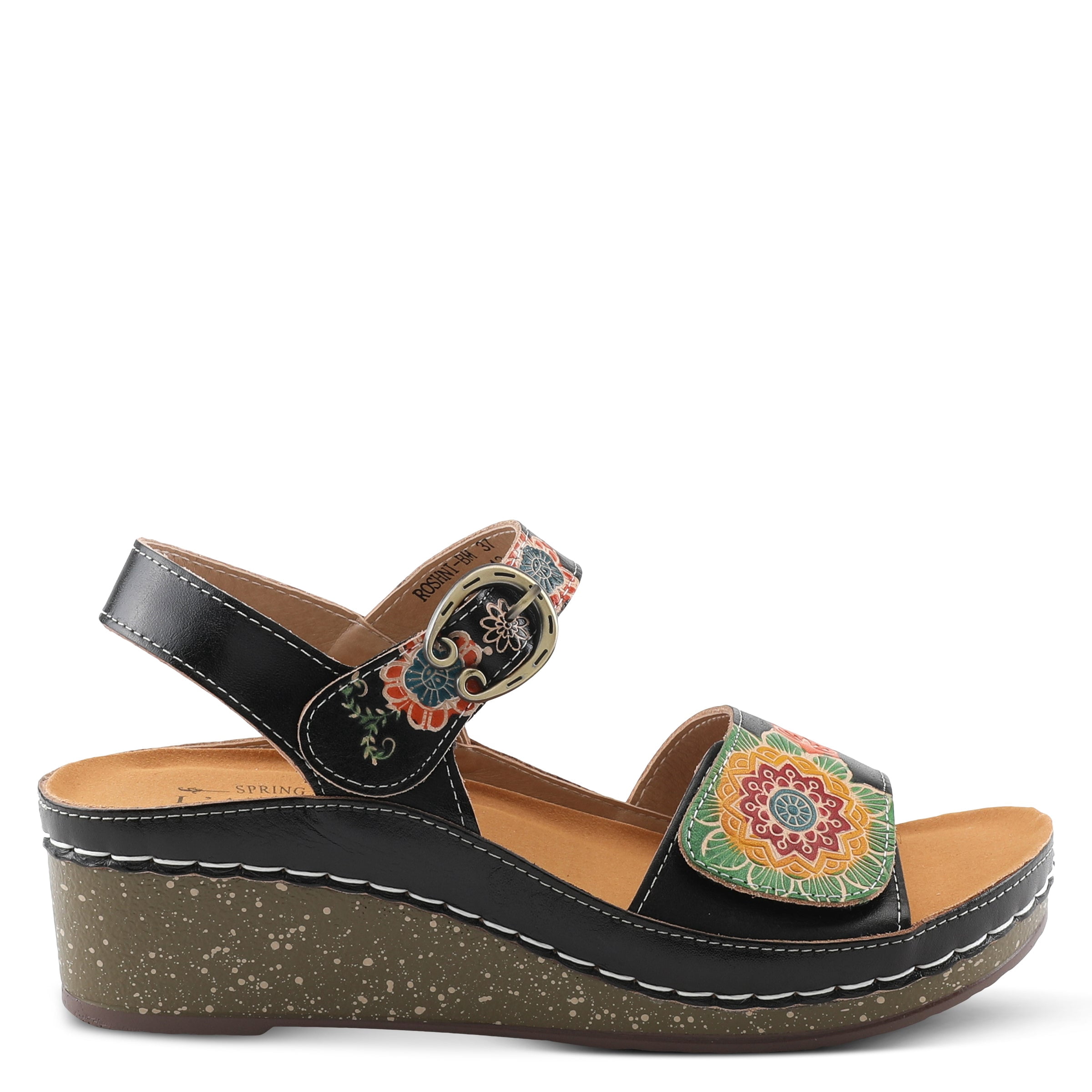 Spring Step L'Artiste Women's Roshni  Hand-Painted Floral Leather Wedge Slingback Sandals