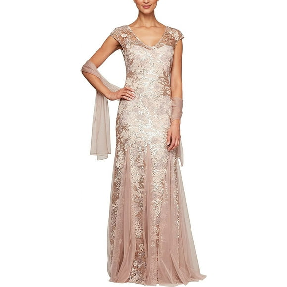 Alex Evenings Womens Long V Neck Fit and Flare Dress with Shawl Petite Regular 6 Rose Gold