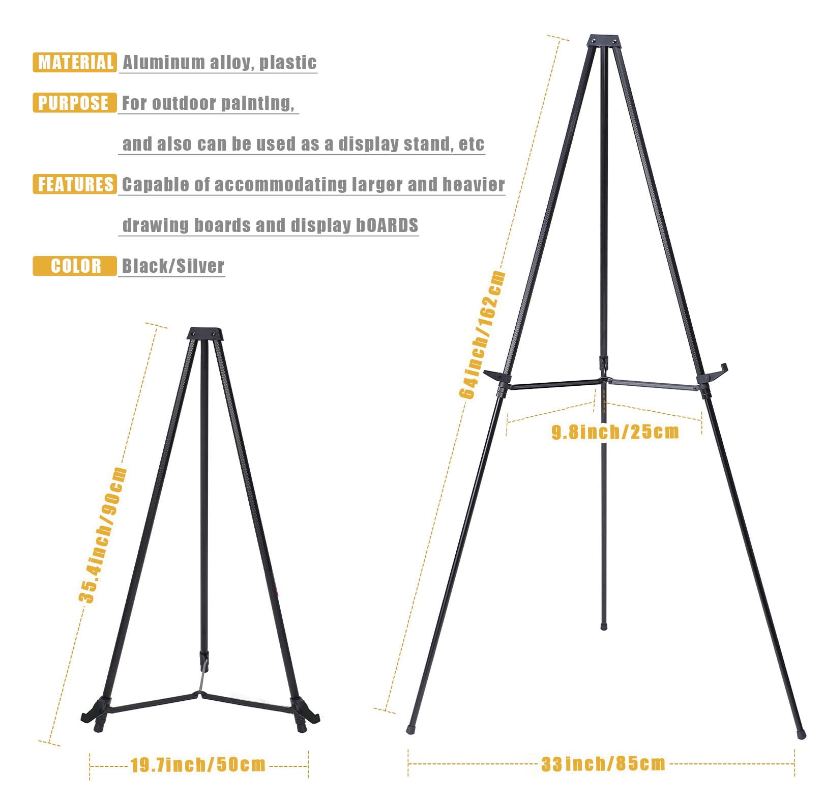 MXG Portable Aluminum Tabletop & Floor Display Easel Stand for Painting & Display 33-64 Inch Height Adjustable with Locking Knobs,Black