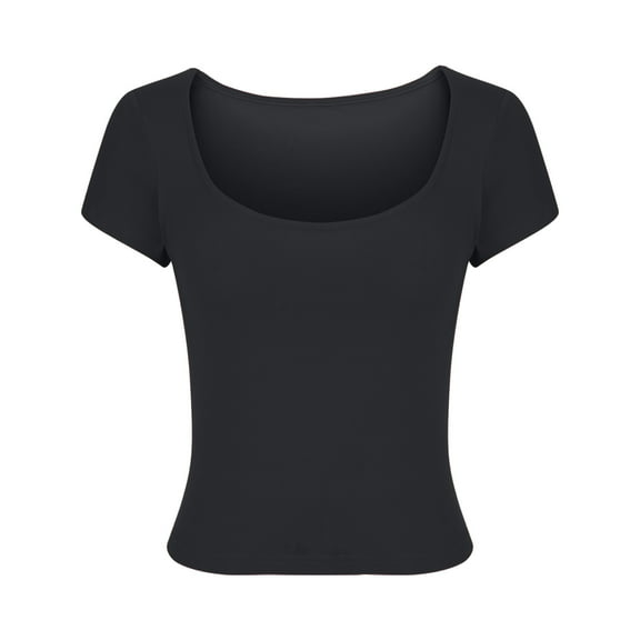 Womens Square Neck Tops Short Sleeve Going Out Crop Shirt for Women Fashion Summer Solid Color Slim Fit T-Shirt (Black M)
