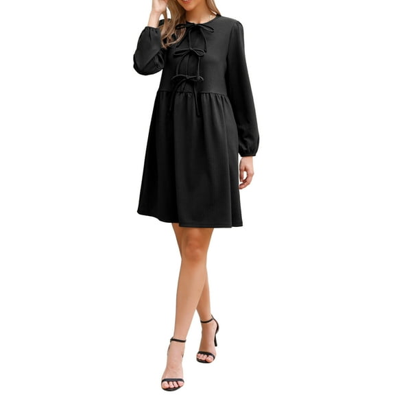 INSPIRE CHIC Women's Dress Fall Babydoll Casual Long Sleeve Front Bow Tie Cute Tunic Dresses XS Black