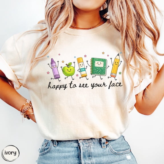 VibeNest Studio Unisex Happy to See Your Face Cute Teacher School Supplies Back to School Garment Dyed Graphic T-Shirt