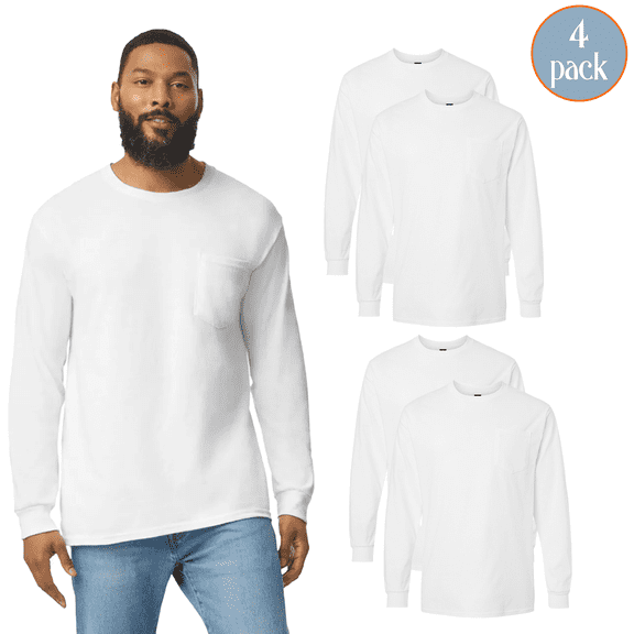 Gildan Men's Ultra Cotton Long Sleeve Pocket T-Shirt, Durable Crewneck White Color Casual Tee, 4-Pack, S