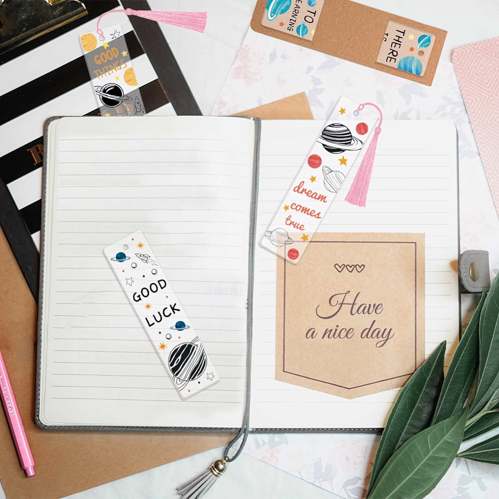 DIY Space Theme Mixed Pattern Paper Bookmarks Making Kits with Plastic Stickers Acrylic Bookmark Polyester Tassel Mixed Color for DIY