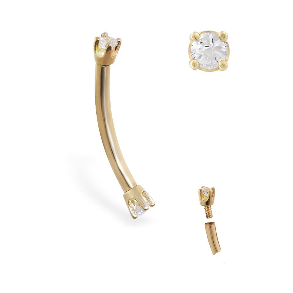 Curved Barbell 14K Solid Gold Internally threaded Clear Cz 