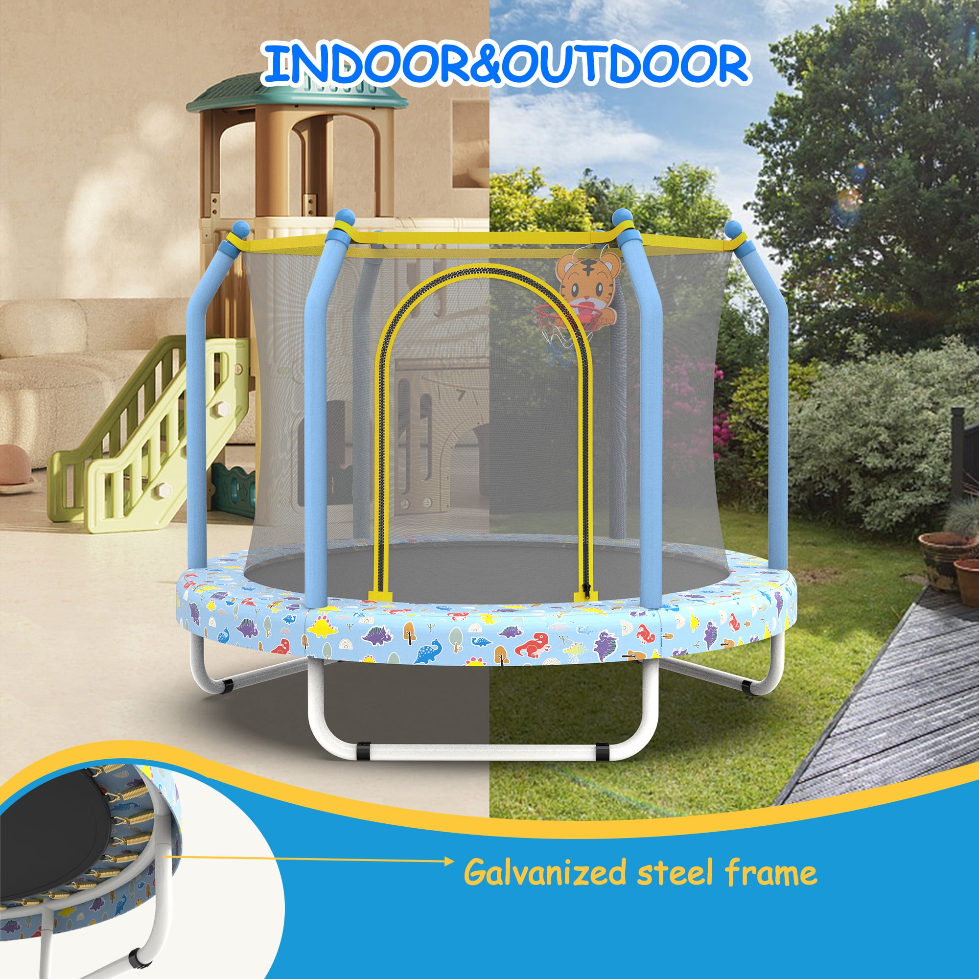 ZIVACATE 55 Inch Outdoor Toddler Trampoline with Enclosure Net, Mini Round Trampoline for Kids with Basketball, Small Trampoline Gifts for Boy and Girls,Blue